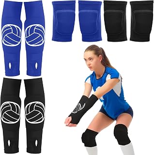 2 Set Volleyball Knee Pads and Volleyball Arm Sleeves with Protection Pad Compression Forearm Wrist Guard with Thumb Hole Soft Breathable Pads for Women Kids Girls Youth Hitting Passing (Black, Blue)