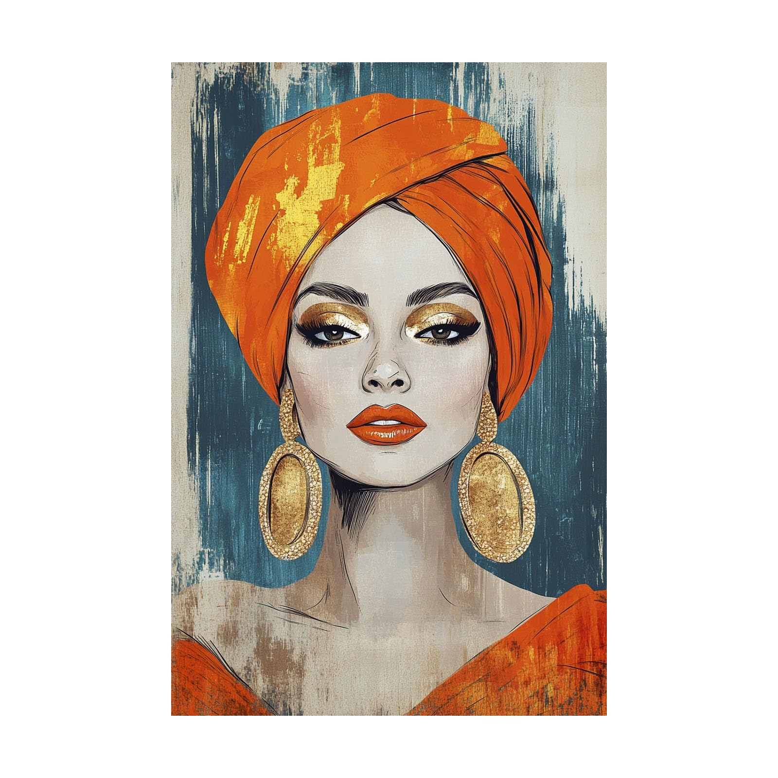 TERUEA Canvas Wall Art Abstract Woman with Orange Turban Gold Earrings Picture Prints for Girls Room Bedroom Wall Decor(Orange)-70x100cm Unframed