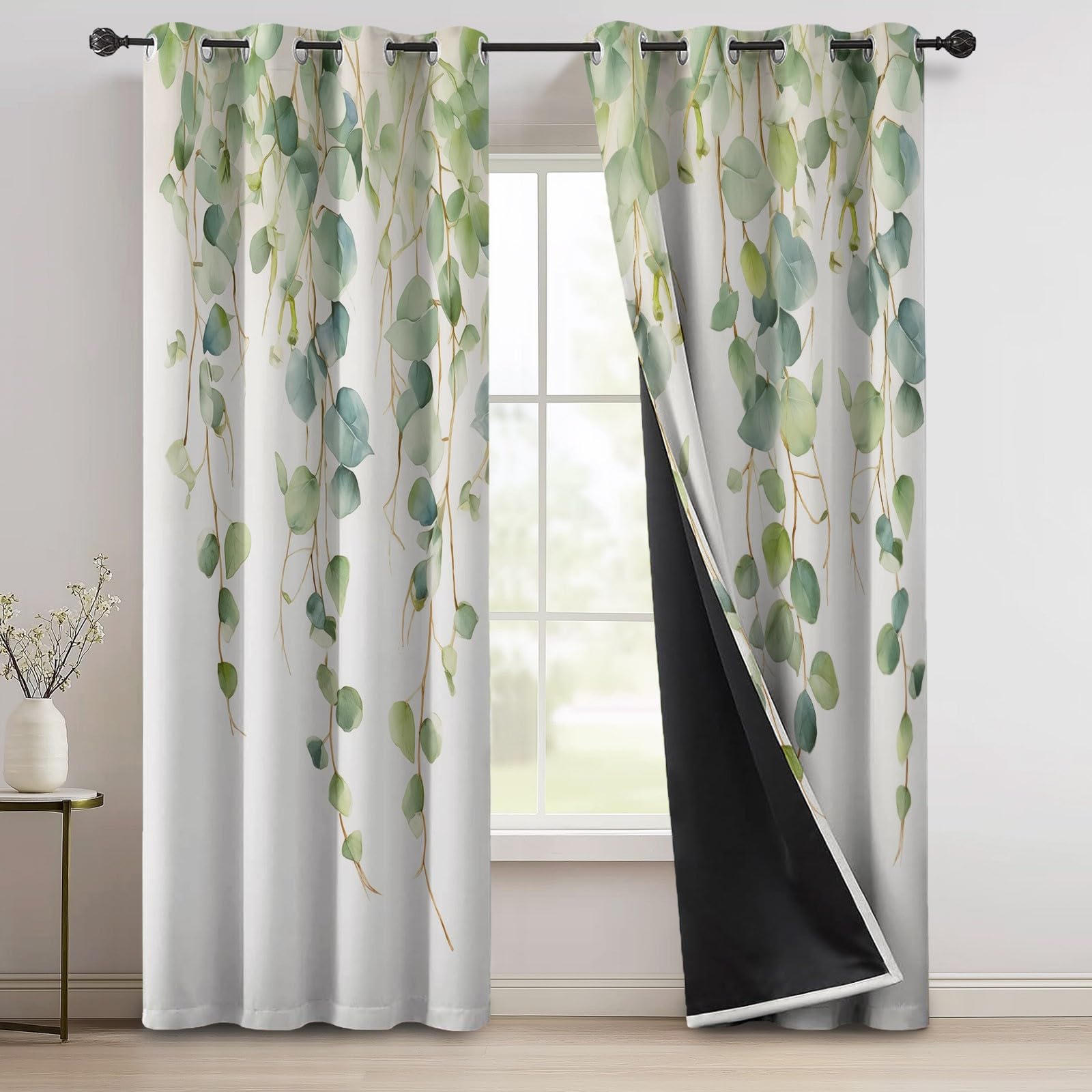 100% nieprzezroczyste zasłony, wys. 138 x szer. 117 cm (2 sztuki) – rośliny, liście eukaliptusa, winorośli, szałwia, zielone szałwia, zasłony zaciemniające z oczkami, zasłony termiczne do sypialni i