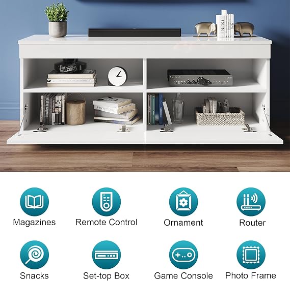 LED TV Unit Stand with RGB LED Lighted, High Gloss TV Stand with 2 Pull-Down Door, Modern Wall Mounted TV Cabinet with Open Storage Shelves and Drawers for Living Room, 1200x350x450mm, White