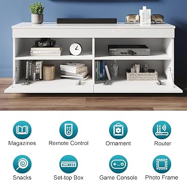 LED TV Unit Stand with RGB LED Lighted, High Gloss TV Stand with 2 Pull-Down Door, Modern Wall Mounted TV Cabinet with Open Storage Shelves and Drawers for Living Room, 1200x350x450mm, White