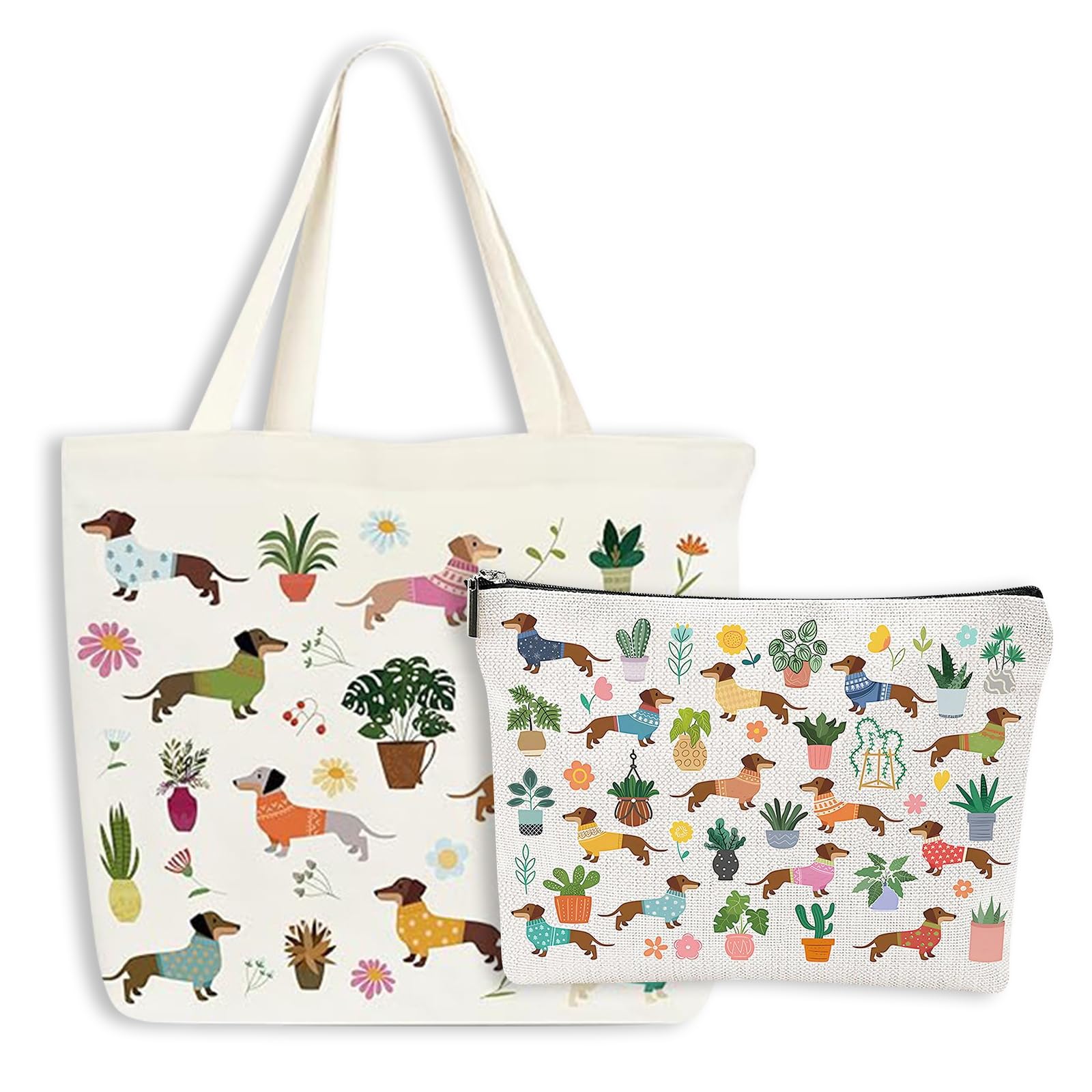 HTTDSLF Bolsa de Lona para Mujer, Bolso Shopper Reutilizable para Mujer, Tote Bag + Neceser, Plegable con Diseño de Perros, Bolsas de Tela Bonitas, Regalos para Amantes de los Perros