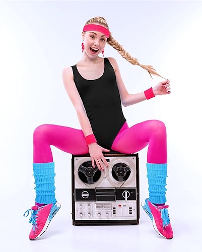 Miniatura 4 de SATINIOR - Conjunto de ropa de entrenamiento de los años 80 y 90 para mujer, accesorios, calentadores de piernas, vincha, muñequeras, aretes, traje