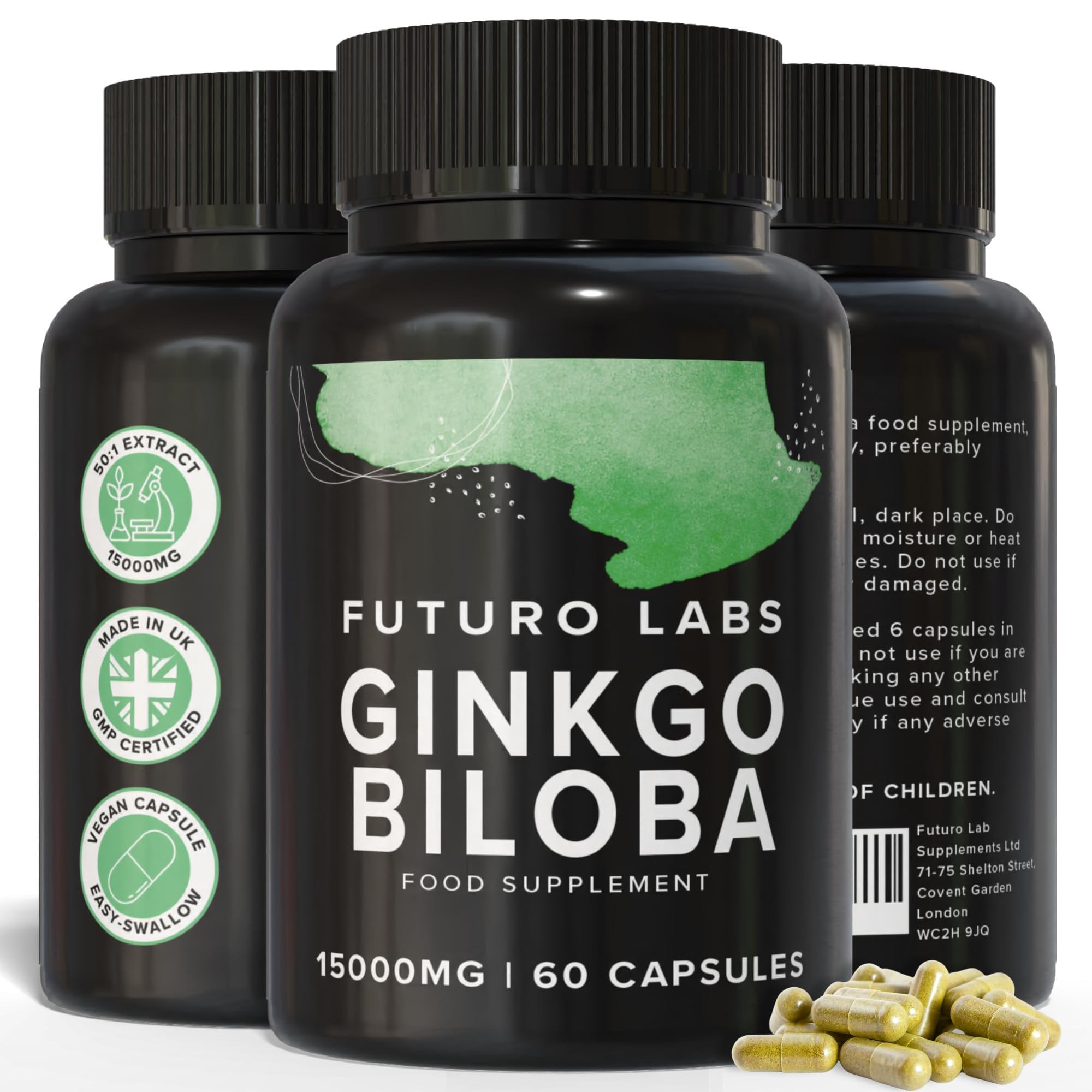 Ginkgo Biloba Capsules 15,000mg - 60 Capsules (2 Months Supply) - Standardised Leaf Extract - High Strength, Vegan, Lab Tested & Gluten Free - Made in The UK
