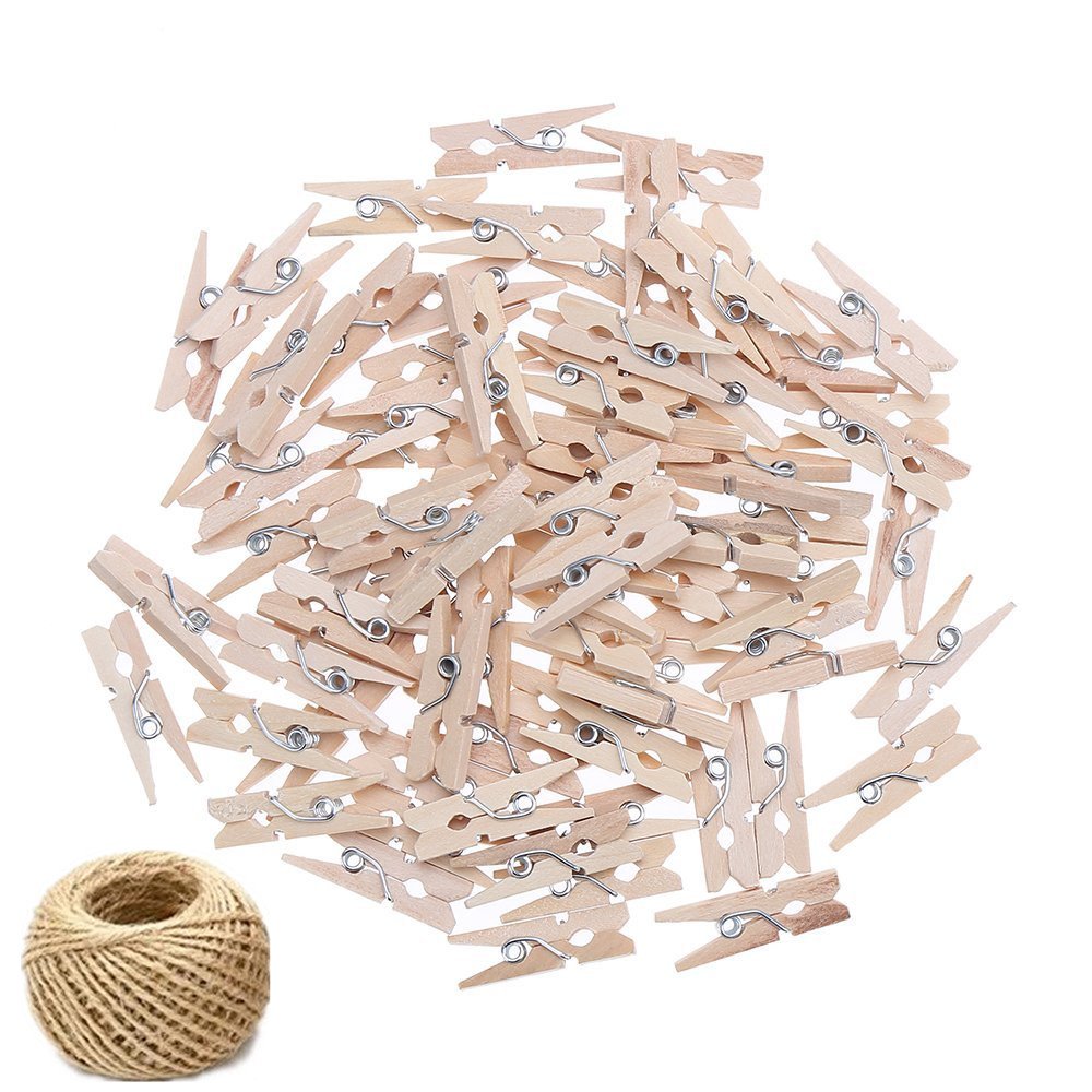 100 Colored Wooden Large Pegs 45mm Clothespins Craft Photo Clips with 20 Meters Jute Twine for Craft Rustic Decoration (Natural)