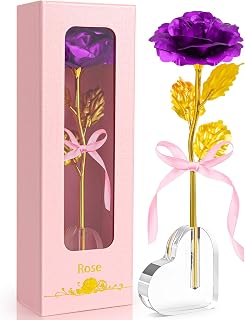 Geschenke für Frauen Ewige Rose mit Herzförmige Basis Geschenke für Sie Mutter Freundin Frau Oma, Goldene Rose Geschenk für Geburtstag Weihnachten Muttertag Valentinstag Jahrestag (Lila)