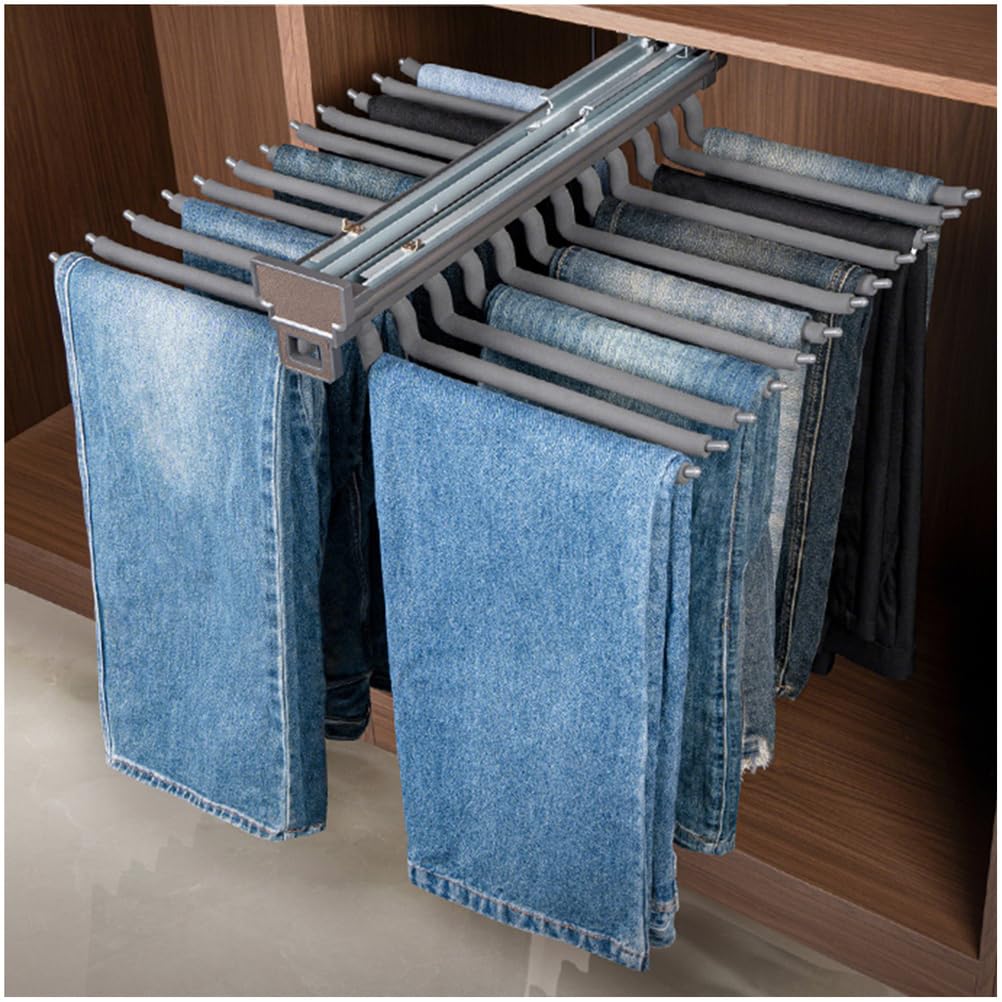 Porte pantalon coulissant pour penderie avec cintre multiple et tiges pour serviettes