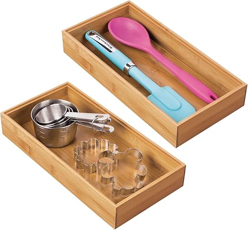 mDesign Organizador de cajones de madera de bambú, bandeja de almacenamiento apilable de 12 pulgadas de largo para cajones de cocinagabinete,