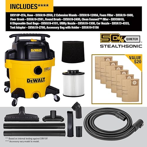 Miniatura 2 de DEWALT Aspiradora Stealthsonic de 10 galones, aspiradora ultrasilenciosa de 5 HP con kit completo de accesorios y 6 bolsas de polvo adicionales,