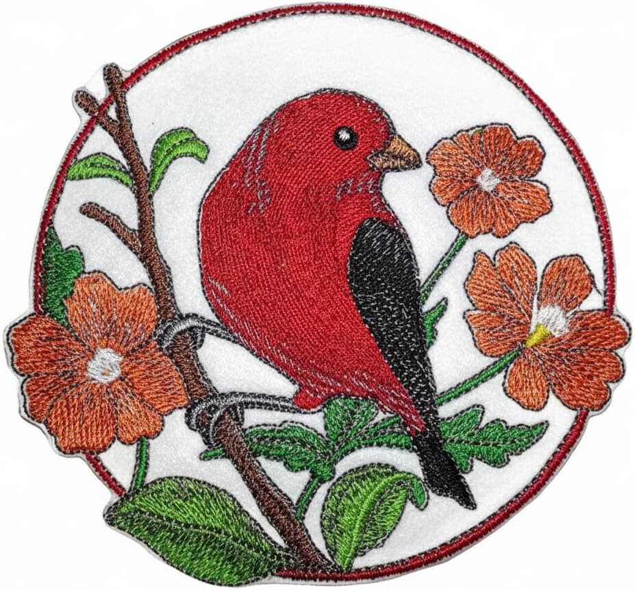 Nature Weaved in Threads, Amazing Birds Kingdom [Scarlet Tanager and Cosmos Circle [Custom and Unique] Embroidered Iron on/Sew Patch [5" *5"] [Made in USA]