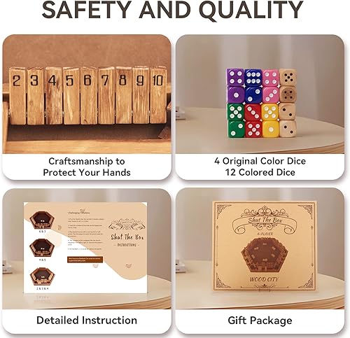 Miniatura 3 de WOOD CITY Juego de madera Shut The Box para 2 a 6 jugadores juego de matemáticas Close The Box para niños y adultos con 16 dados juego de mesa