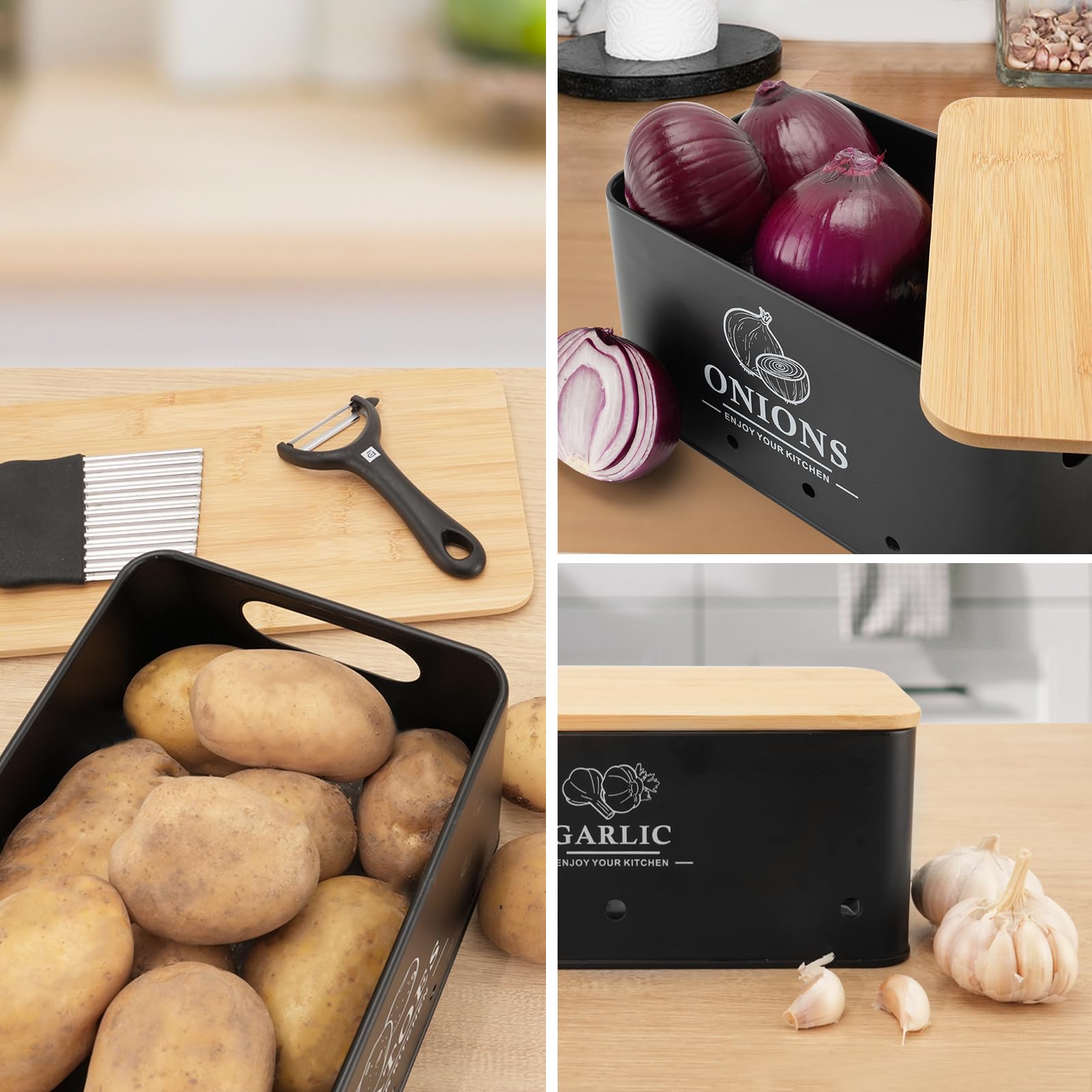 Küche Gemüse Aufbewahrung Set 3 Stück Metall Zwiebeln Knoblauch Kartoffel Aufbewahrungs-Set Küche Kanister Gemüse Behälter Behälter mit Belüftungslöchern und Holzdeckel (Schwarz)