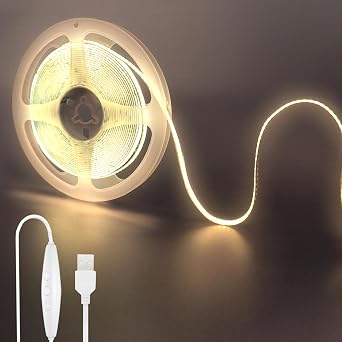 5V COB LED Strip Light Dimmable 5M Natural White 4000K 320 LEDs/M Strong Light 8mm Wide Non-Waterproof IP20 Power Cord Switch, 5 Level Dimmer, 1.5m Cable DIY Home Decor