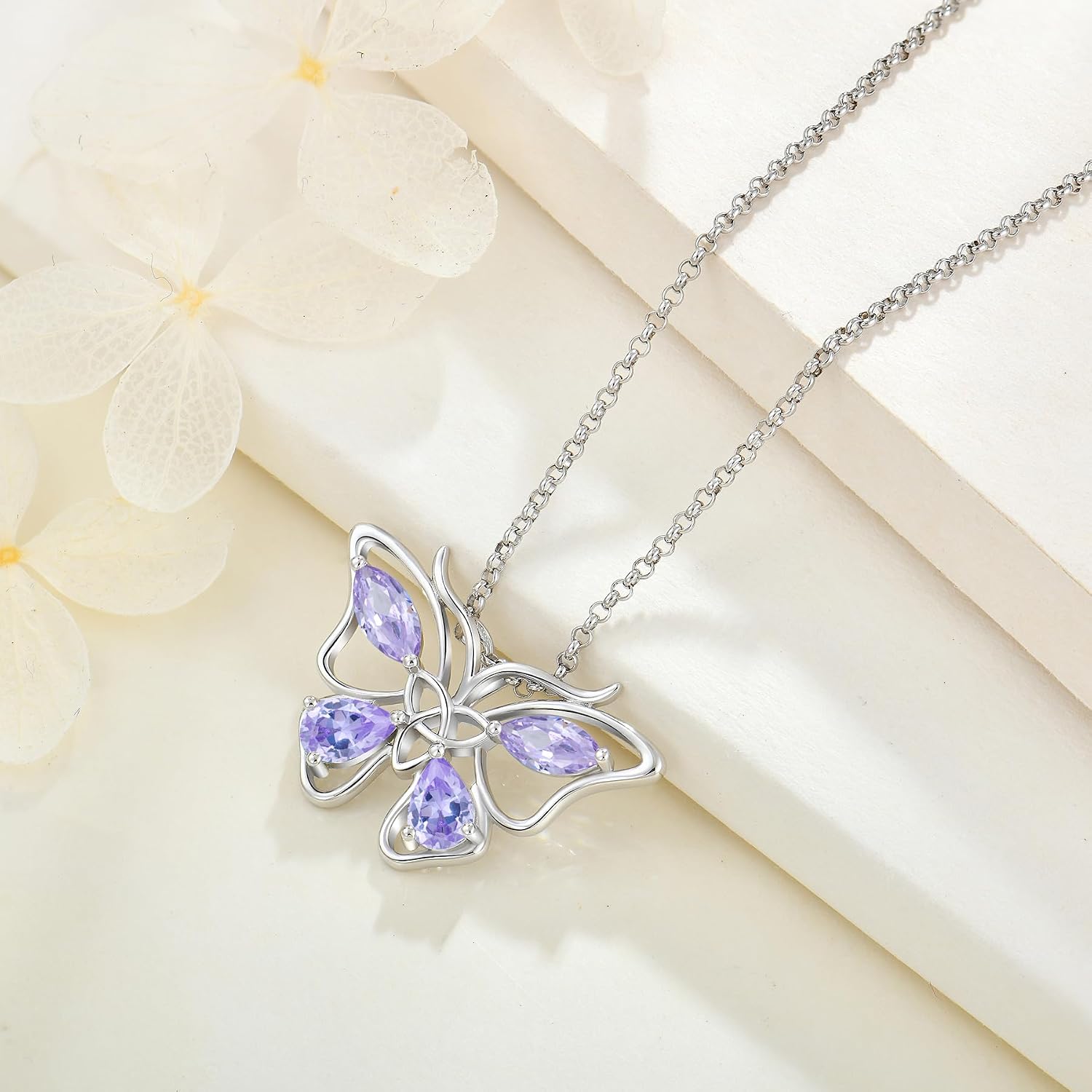 JO WISDOM Butterfly Necklaces for Women 925 Sterling Silver Celtic Knot 5A Cubic Zirconia Birthstone Pendant Jewelry Anniversary Birthday Christmas Gifts for her