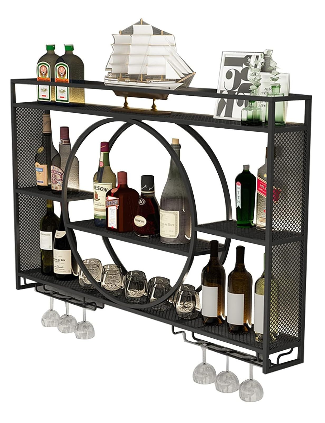 Casier à vin mural en métal étagère flottante ronde 3 niveaux avec porte-verres pour salle à manger