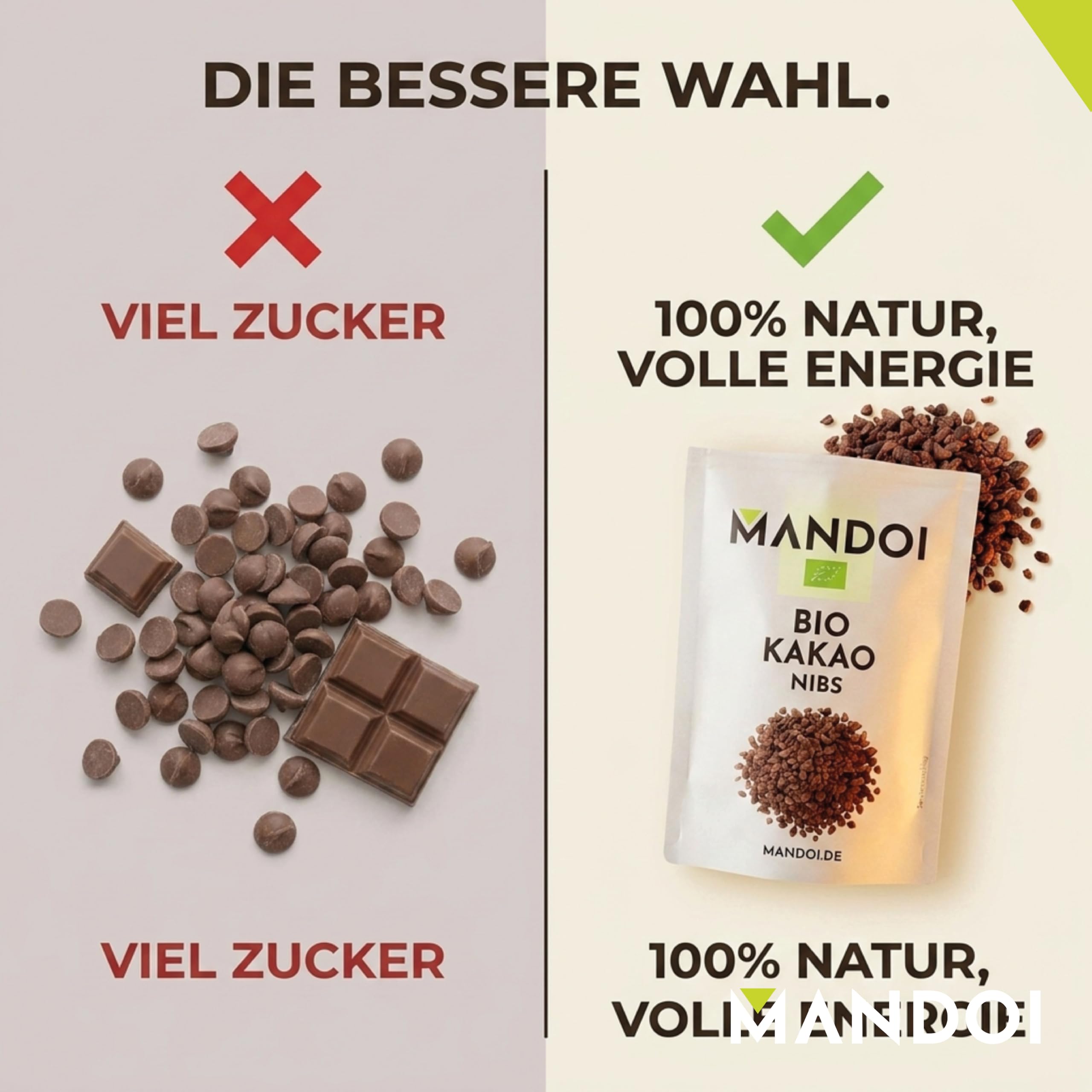 Mandoi Bio Kakaonibs 500g, aus ökologischem Anbau | besonders hochwertige Kakao Nibs, organic cocoa. Als Snack, Müsli oder zum Backen