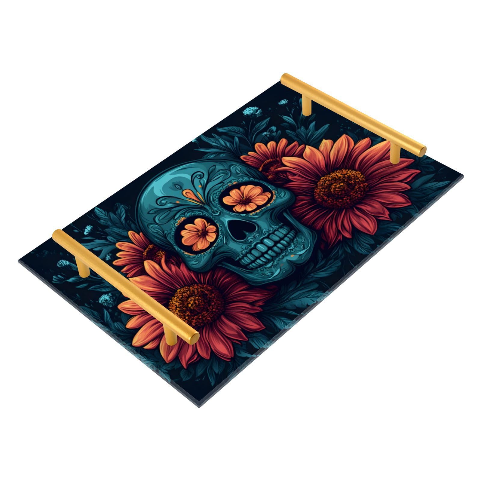 NFMILI Skull Flowers Vanity Tray Rectangle Acrylic Bathroom Tray Serving Trays for Centerpieces Modern Home Decor for Kitchen Bathroom Bedroom Living Room 7.9 × 11.8 inch