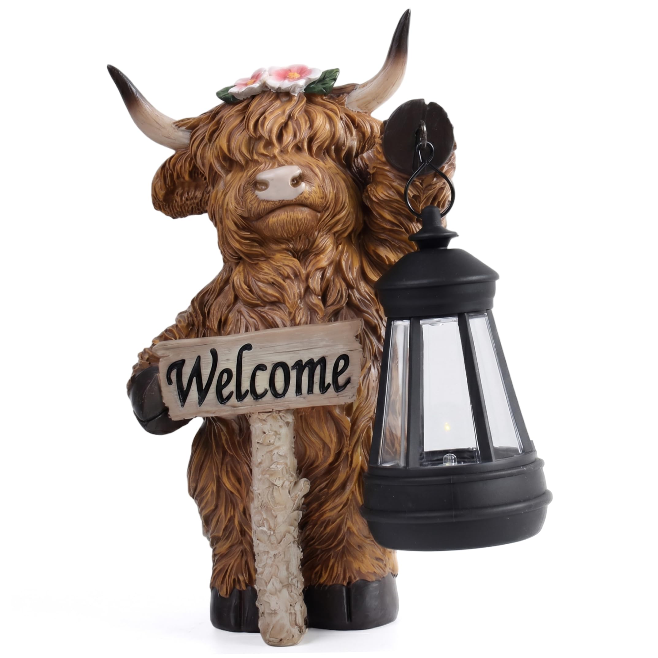 Gemuseeee Highland Cow Statue 8.5in Solar Outdoor Decor, Garden Statue with Welcome Sign and Lantern, Brown