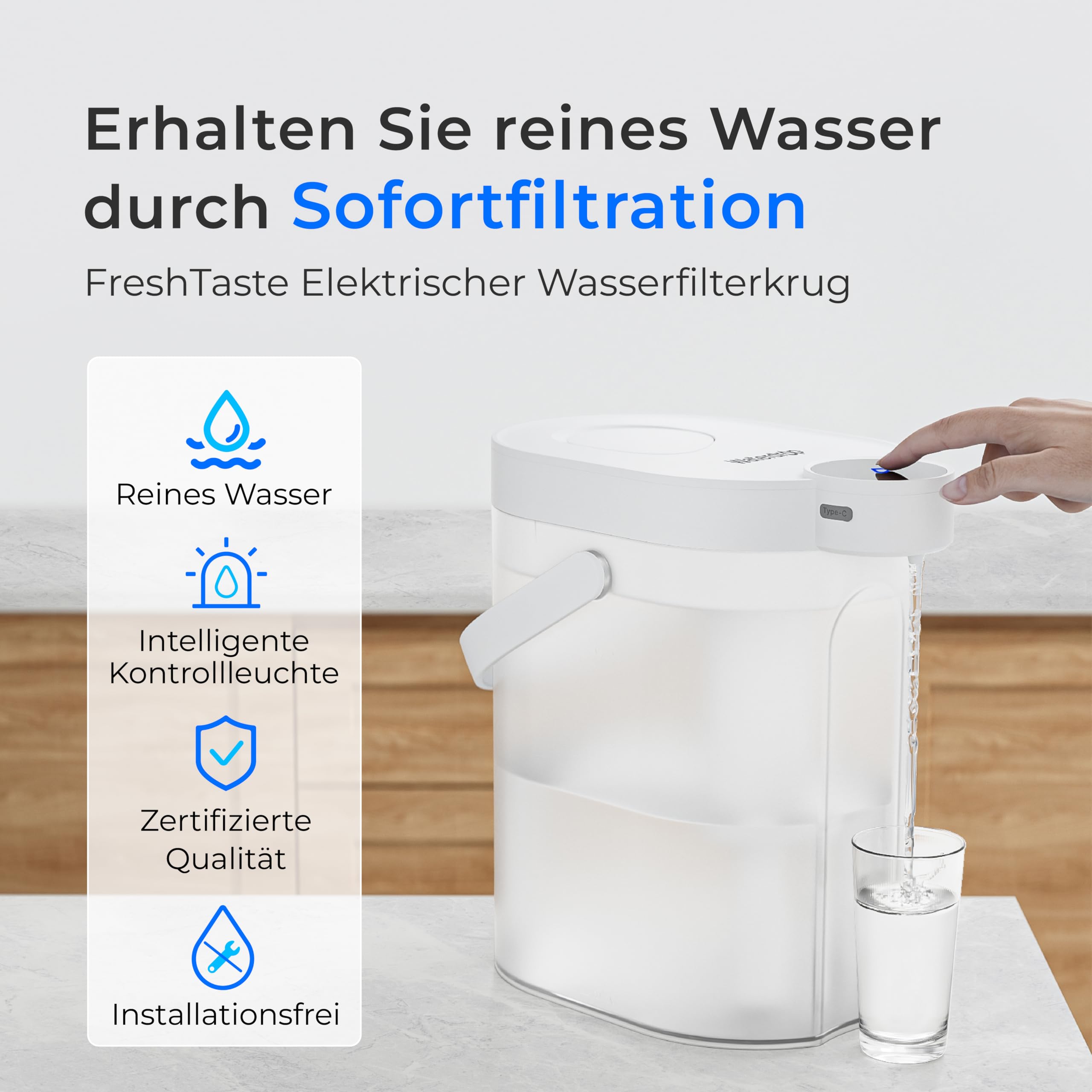 Waterdrop FreshTaste 𝐖𝐚𝐬𝐬𝐞𝐫𝐞𝐧𝐭𝐡ä𝐫𝐭𝐞𝐫 Elektrischer Wasserfilter Kanne, 4L Wasserfilter Spender für Kühlschrank, Reduziert Kalk, Chlor, Blei, Kupfer, Reinigt, Weiß (Ersatzfilter: WD-EWFS)