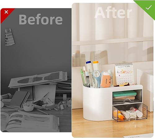 Miniatura 7 de Marbrasse Organizador de escritorio pequeño con cajón, caja de almacenamiento multifuncional para lápices, organizador de escritorio y accesorios