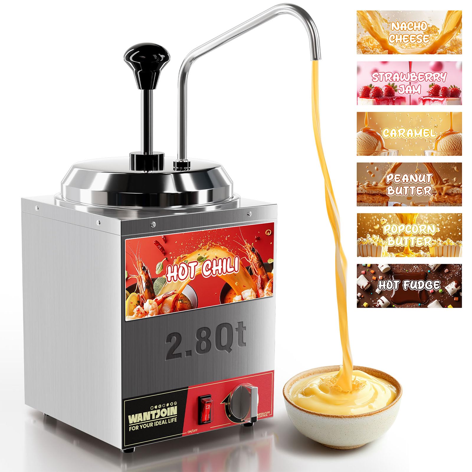 Photo 1 of WantJoin Nacho Cheese Dispenser with Pump - 2.8Qt Nacho Cheese Warmer Commercial Hot Fudge Dispenser W/5-Level Temperature Adjustment for Stainless Steel Hot Fudge Warmer, Cheese Caramel