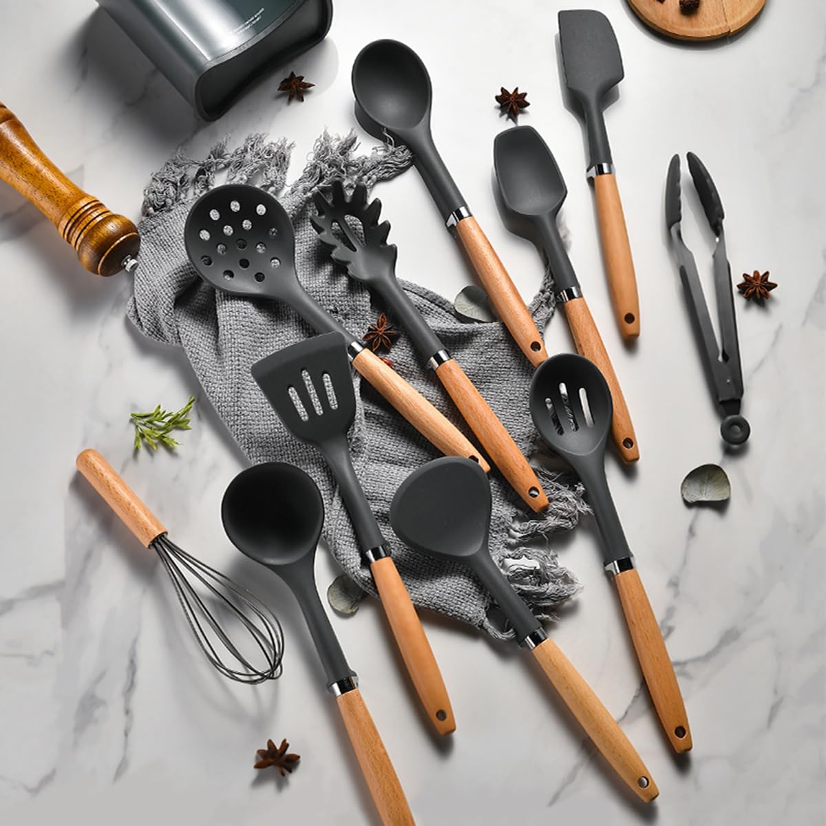 BRIIEC 1-piece Egg Whisk Silicone Kitchen Utensils Sturdy Thickened Wooden Handle Cooking Utensils Kitchen Gadgets Spatulas Set for Nonstick Cookware