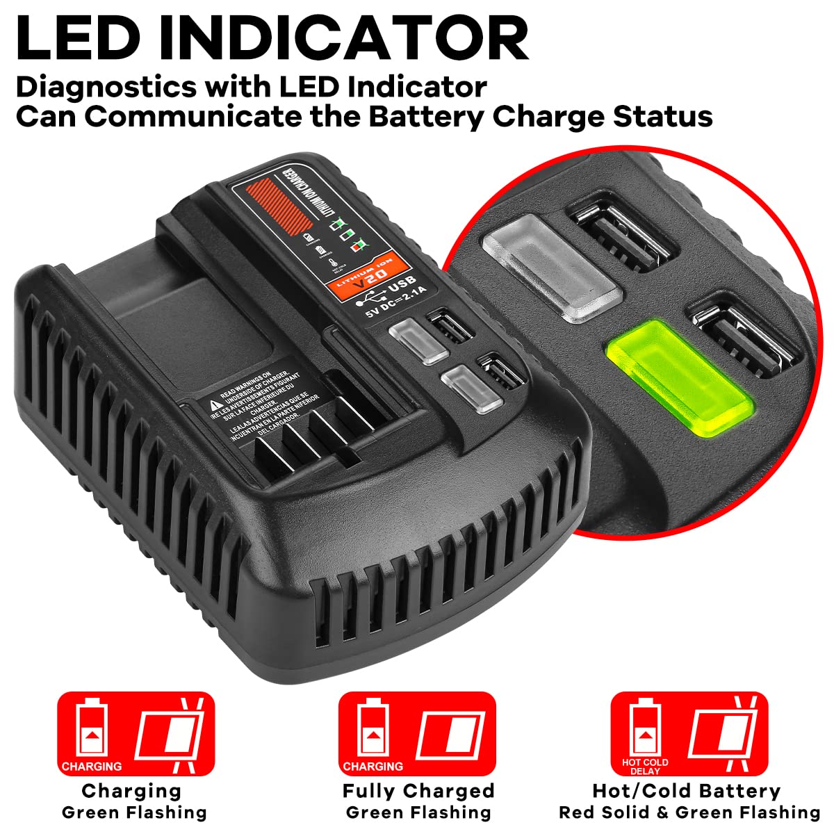 DONGPUCUN Cargador de 20 V CMCB104 para batería de litio Craftsman V20 CMCB204 CMCB202 CMCB201 CMCB209 CMCB205 CMCB100 CMCB101 de repuesto para cargador de batería Craftsman de 20 V