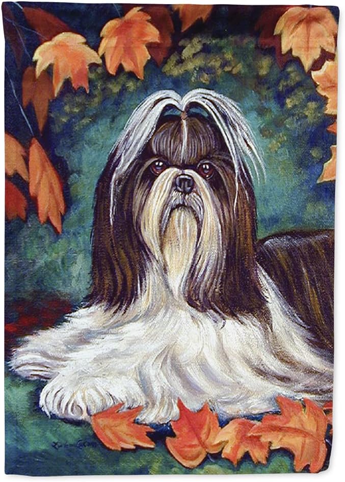 Caroline's Treasures 7182CHF Autumn Leaves Shih Tzu House Flag Large Porch Sleeve Pole Decorative Outside Yard Banner Artwork Wall Hanging, Polyester, House Size, Multicolor