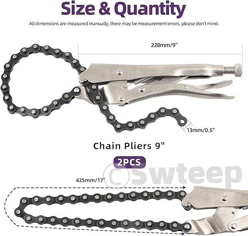 Miniatura 2 de Swpeet 2 alicates de abrazadera de cadena de bloqueo de acero de aleación resistente de 9 pulgadas con cadena de 20 pulgadas, herramienta de filtro