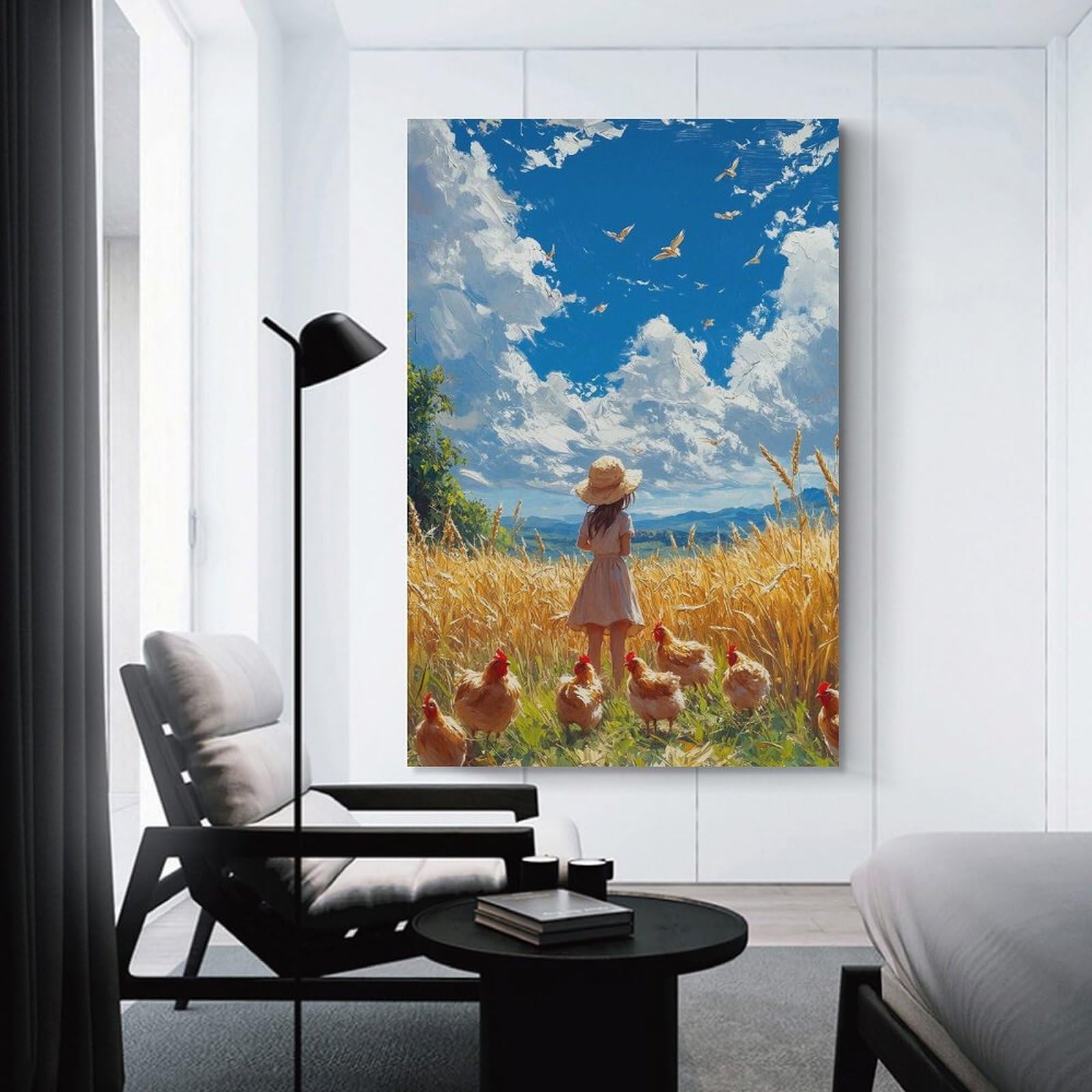 Junmoney Girls Unframe-Style-14 Canvas Wall Decor In Wheat Field With Chickens, 20X30inch(50X75cm), For Home Lounge, Bedroom Or Reading Nook, Eye Catching Artwork For Blank Walls