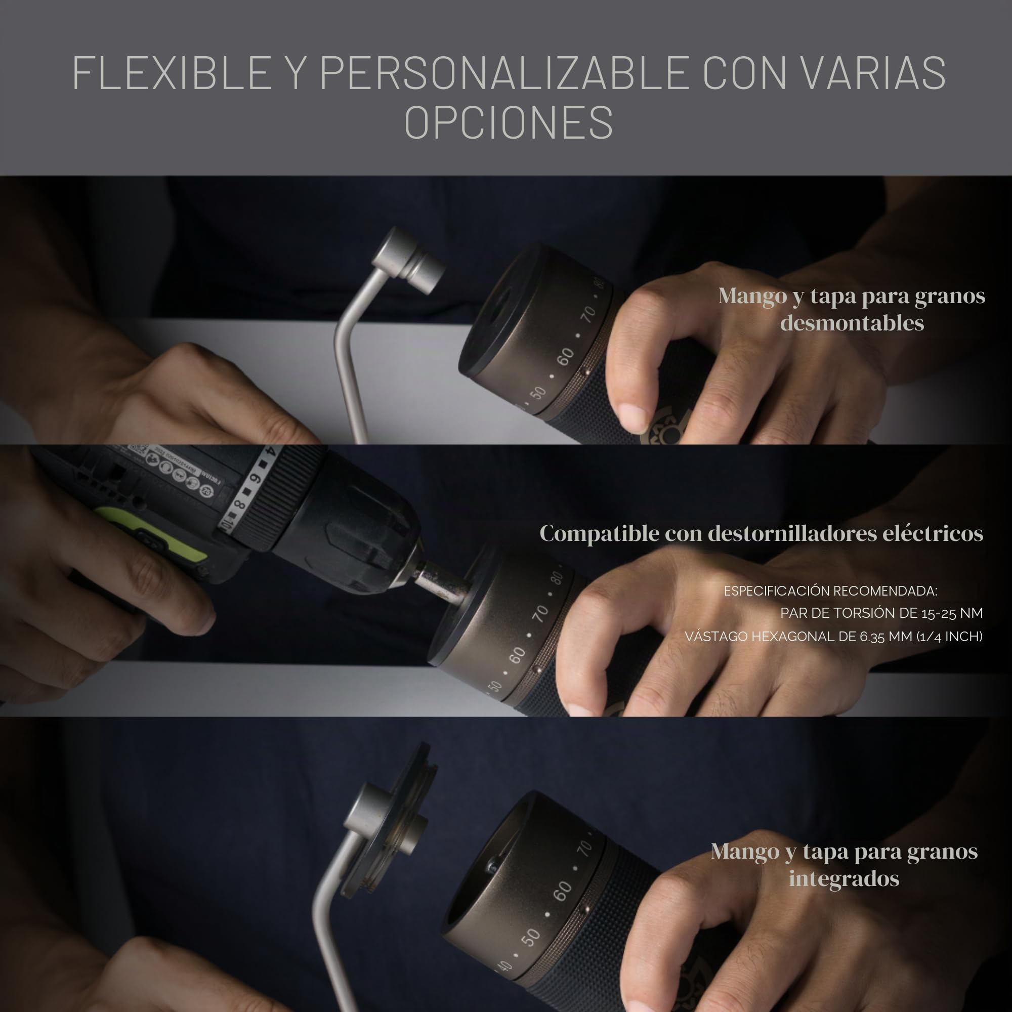 KINGrinder K7 molinillo de café manual mango recto muela cónica inox | Compatible con ajustes de molienda para métodos como pour-over, prensa francesa y AeroPress