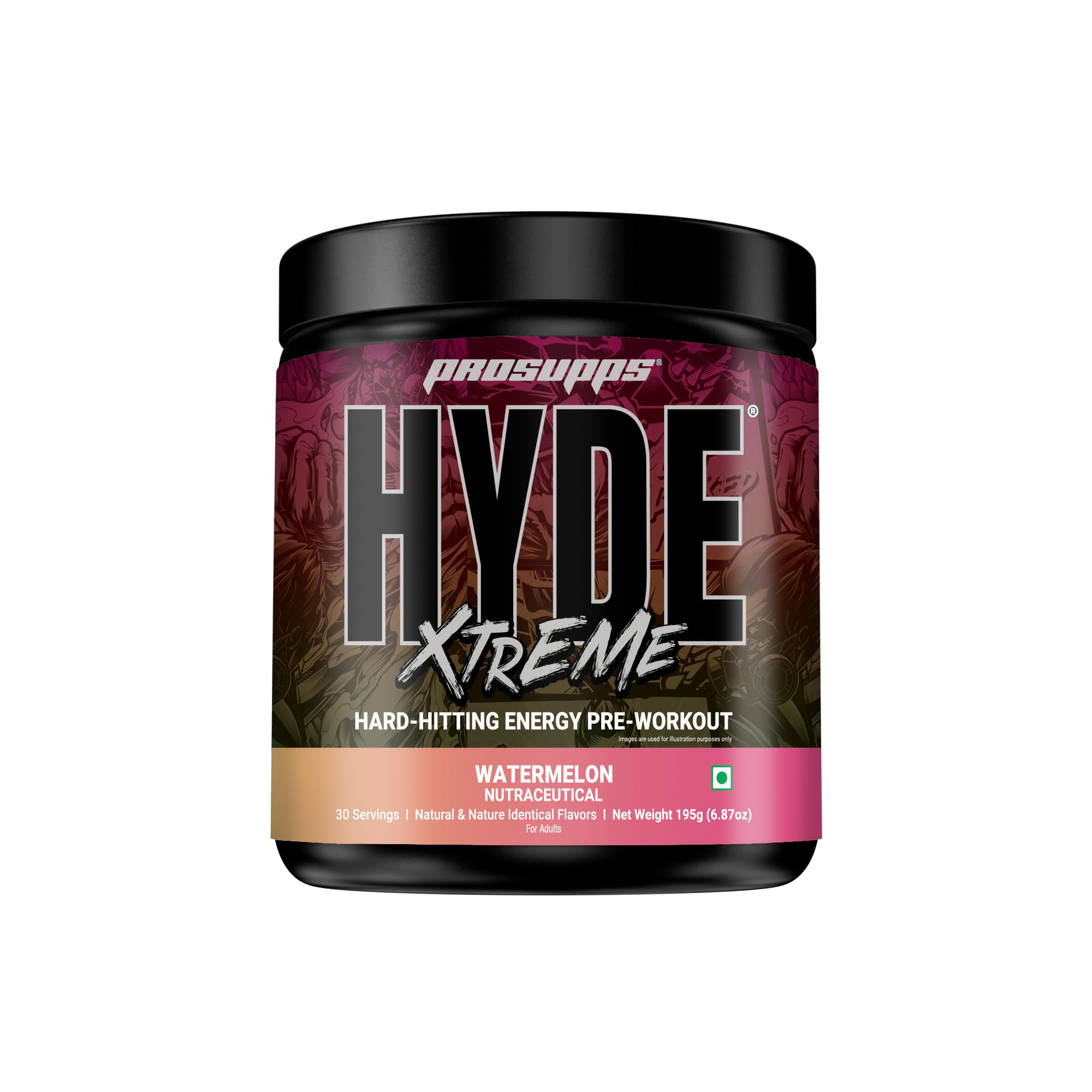 Hyde Xtreme - Hard Hitting Energy Pre Workout Supplement | Caffeine, Beta-alanine, Creatine HCl, L-arginine | For Muscle Pump, Vascularity, Strength and Focus | 30 servings, 195g (Watermelon)