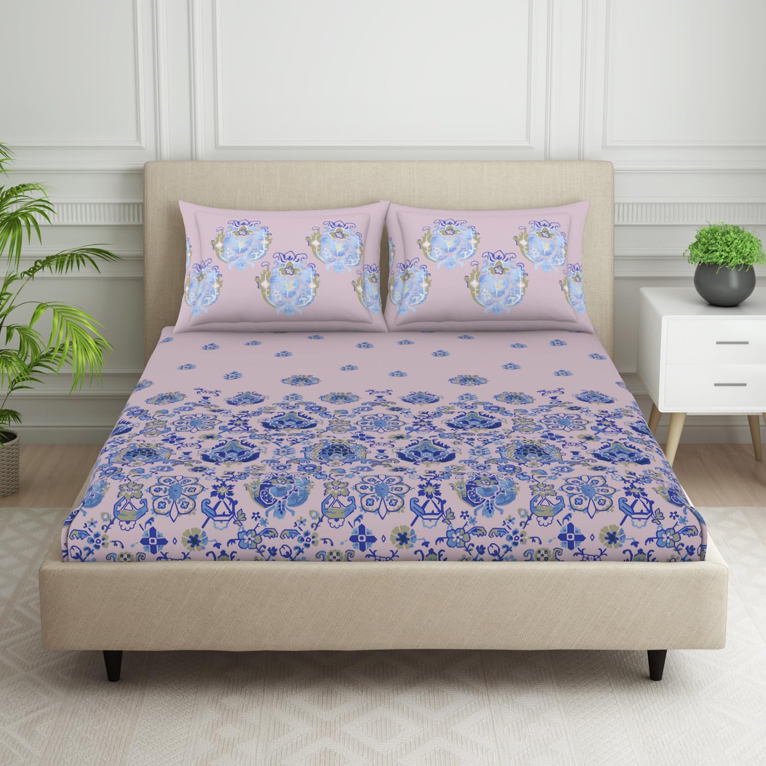 Spaces 100% Cotton Double Fitted Bedsheet with 2 Pillow Covers (Size 72 X 78 Inches) | 144 TC Fitted Sheet for Double Bed | Breathable Pure Cotton King Size Bedsheet | SS24 | Floral Design Blush