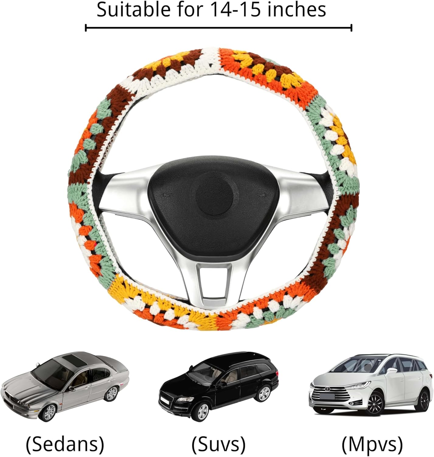 Crochet Steering Wheel Cover Set,Cute Steering Wheel Cover Boho 14-15 in,Handmade Sunflower Granny Square Decor for Women,Hippie Car Accessories (A Wheel Cover) - Image 2