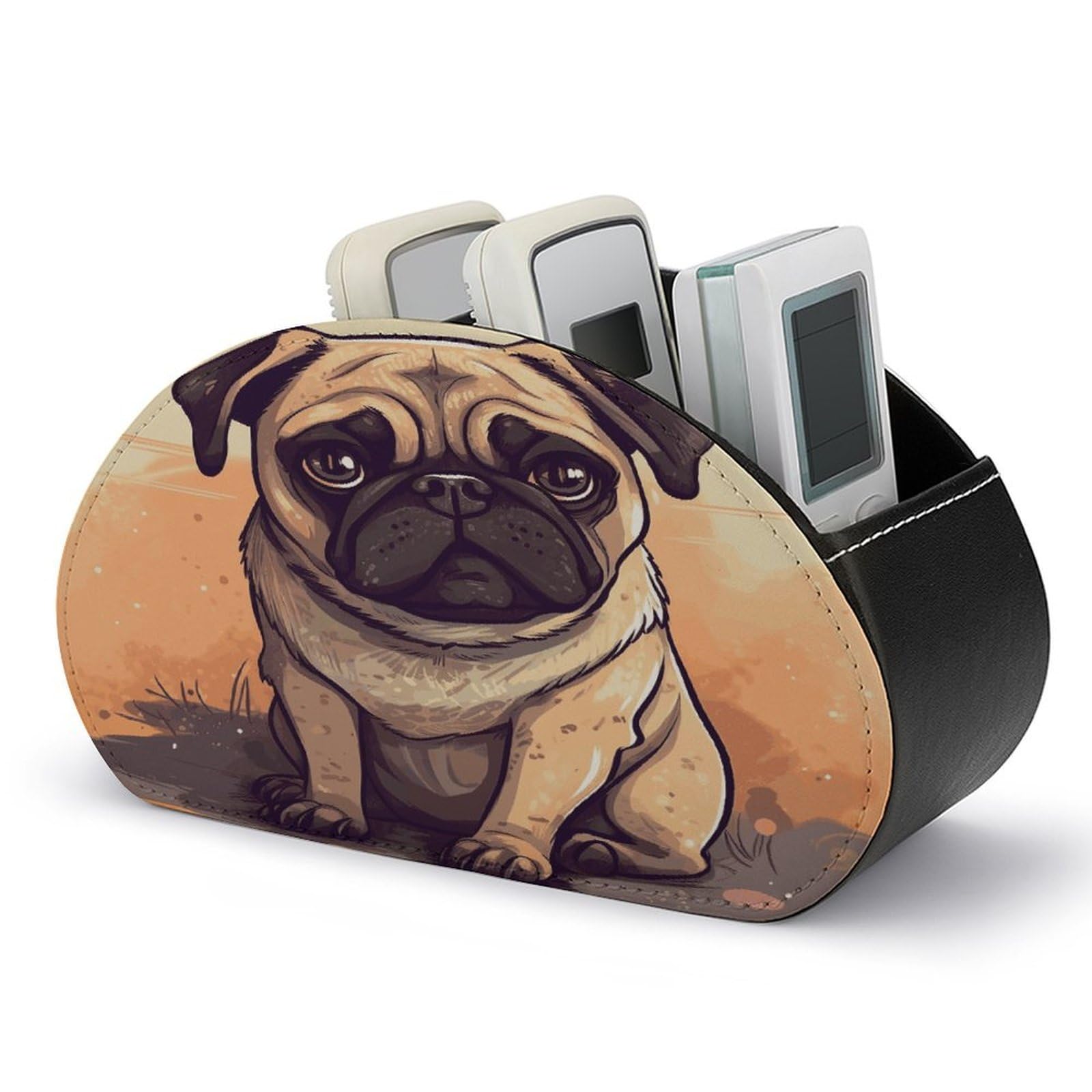FekiLoot Pug Cartoon TV Remote Control Holder with 5 Compartments Multi-functional Leather Bedside Table Remote Caddy Desktop Storage Box for Store Pen Controller Media Player Cosmetic