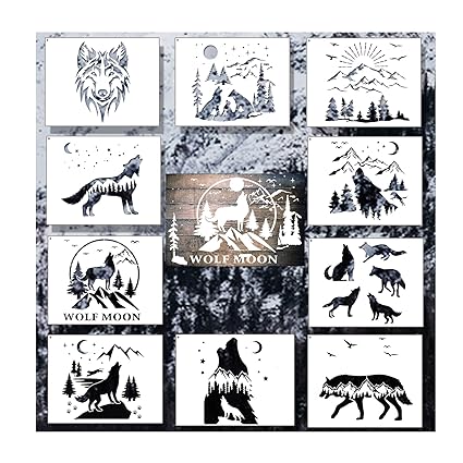 10 PCS Forest Wolf Stencils for Painting Mountain Woodland Animal Paint Stencil Reusable Wildlife Wood Burning Stencils and Patterns Plastic Tree Coyote Templates for Wood Craft Wall Home Decor