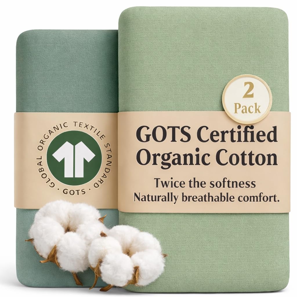 Bunnyjik Forest Green + Sage Green Organic Next To Me Crib Sheets – Gots Certified Thickest & Softest Gots Organic Cotton 200Gsm – Bedside Sleeper Sheet 51X85 / 50X90 Next2me Cozee Bedside Crib Fitted Mattress Sheets