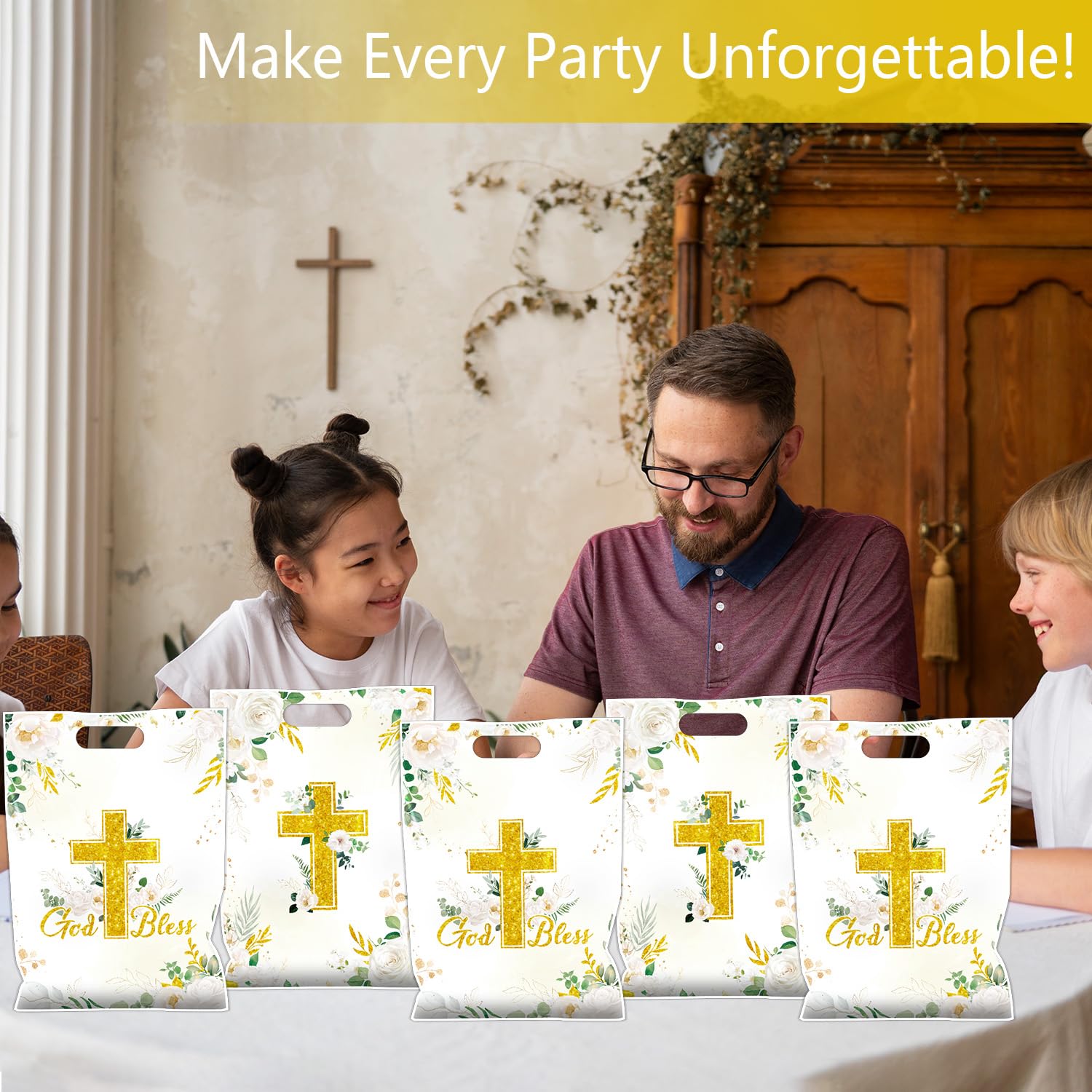 Falueqg Baptism Party Favor Bags - Bulk First Communion Favors for Guests Reusable Treat Bag, Baptism Party Goodie Suprise Pinata Bags for Candy Cookies Popcorn (50 Pcs)