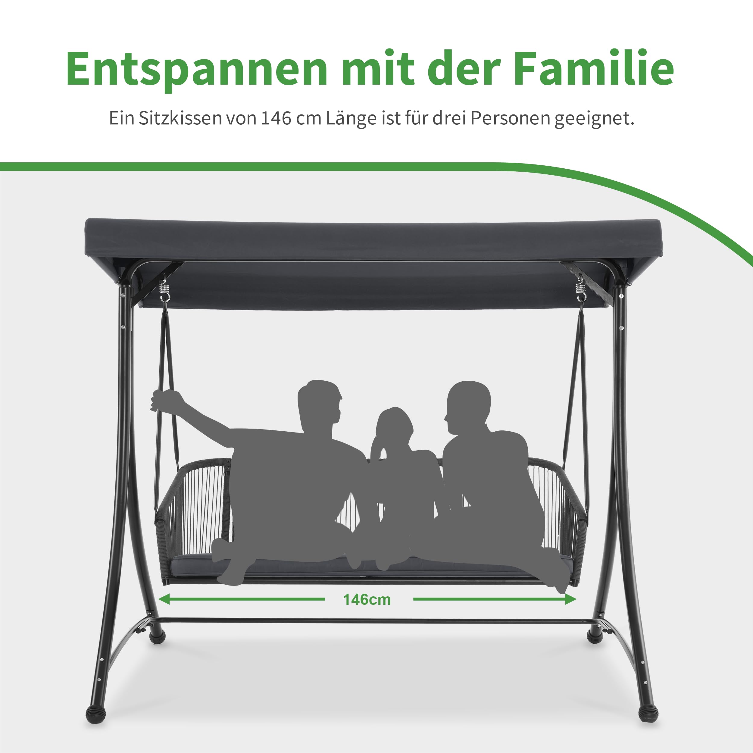 M MCombo Hollywoodschaukel 3-Sitzer, Gartenschaukel mit Verstellbarem Sonnendach, Schaukelbank Outdoor, Gartenliege Wetterfest, Sitzbezug Abwaschbar 8026DEY (Dunkgelgrau)