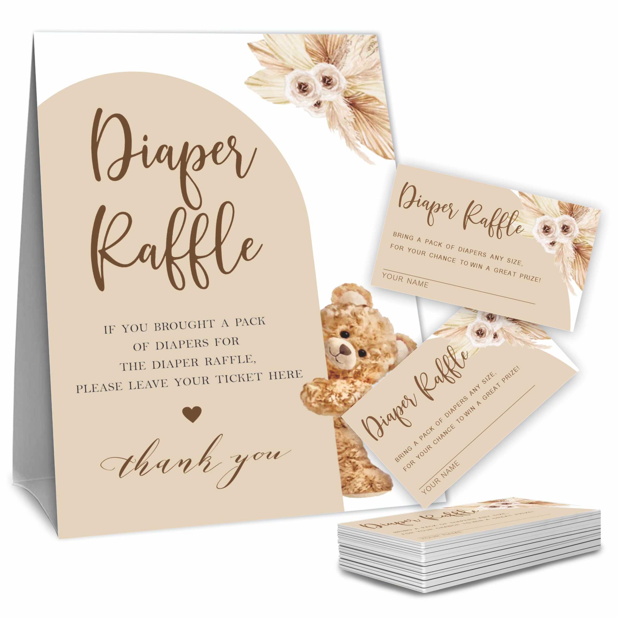 Diaper Raffle Game Set For Baby Shower, Boho Bear Arch, 1 Standing Sign & 50 Raffle Tickets, Baby Shower Game Kit, Gender Reveal Party Supplies - A04