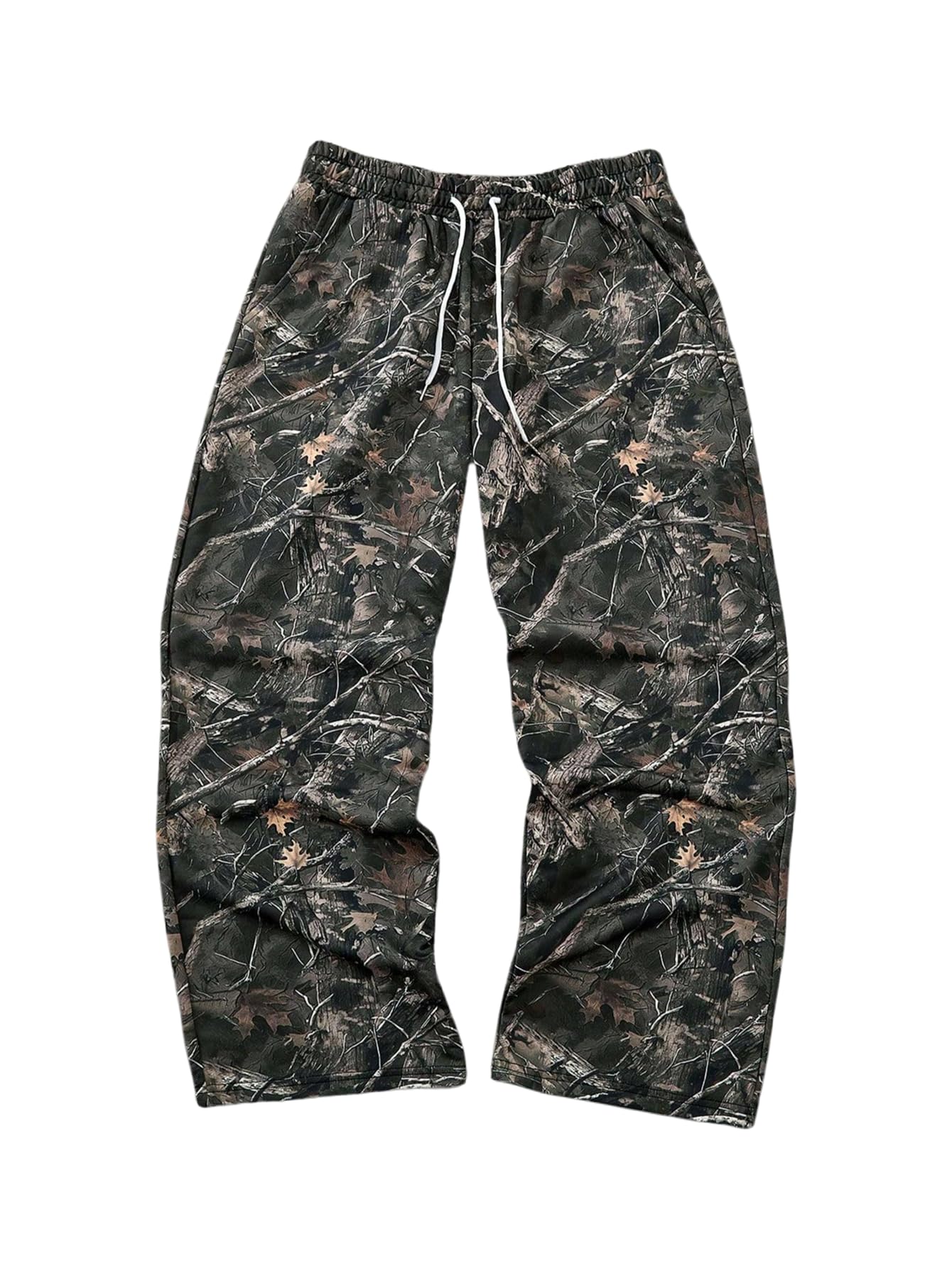 Mens Camo Wide Leg Baggy Pants Drawstring Waist Outdoor Hunting Long Trousers Streetwear