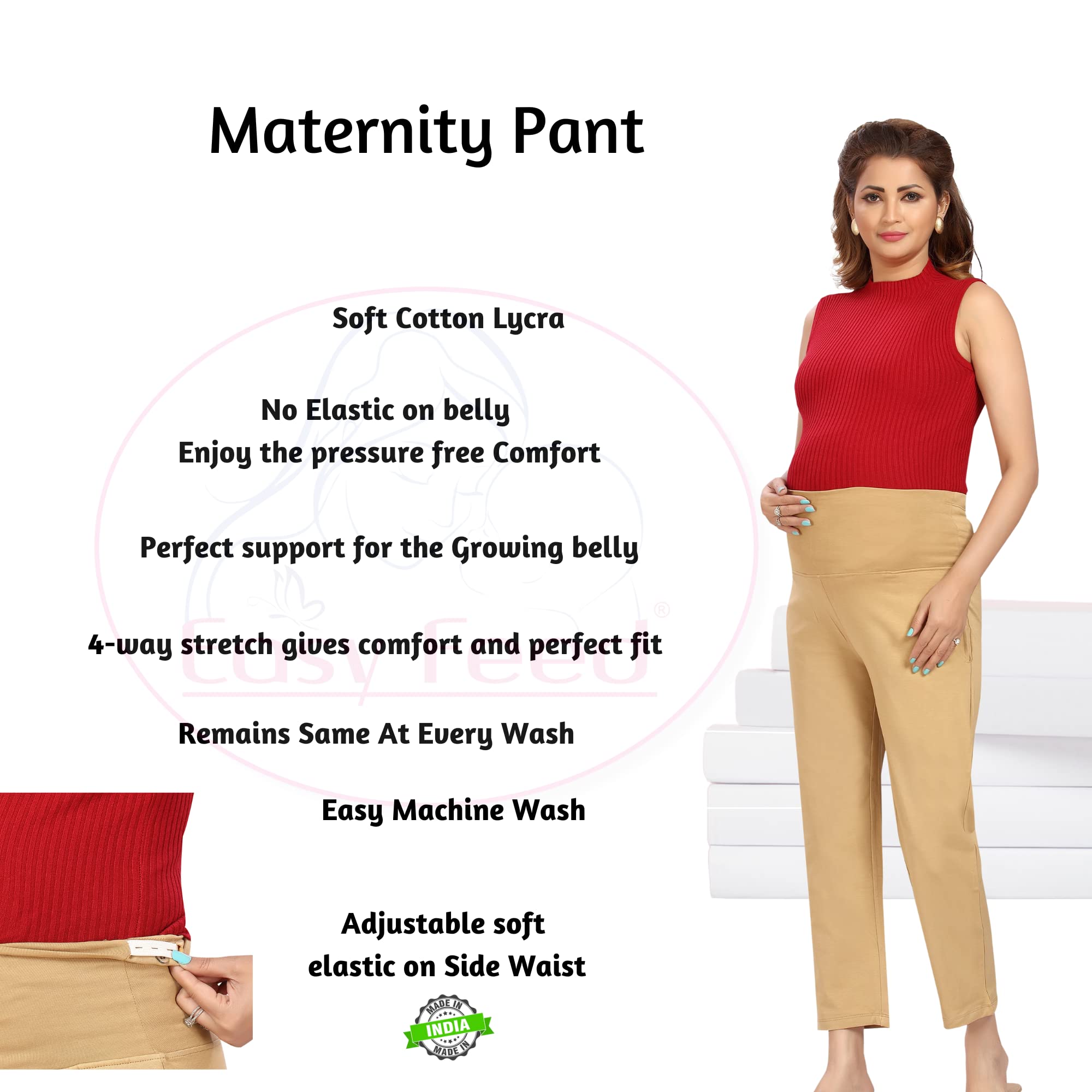 Easy Feed Women's Cotton Lycra Maternity Pants with Over The Belly Ankle Length | Backside Elastic Design Pre & Post Pregnancy Pants for Pregnant Ladies Mother (Skin,3XL) 1