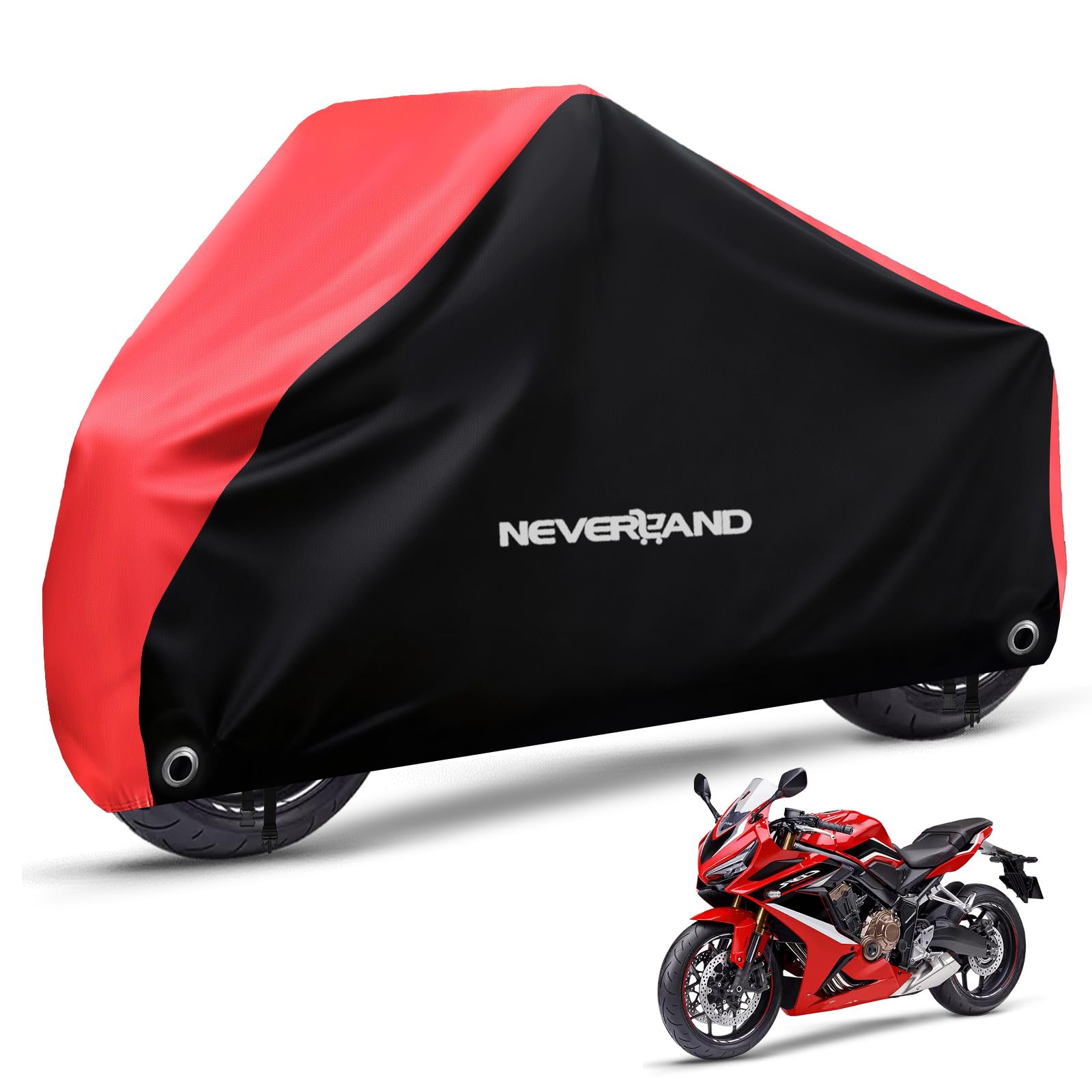 NEVERLAND Motorcycle Cover Waterproof Outdoor - Motorbike Scooter Covers Heavy Duty Medium with Lock-Holes, Bandage, Storage Bag Compatible with Harley Davidson Kawasaki Yamaha Honda Grom (Up to 86”)