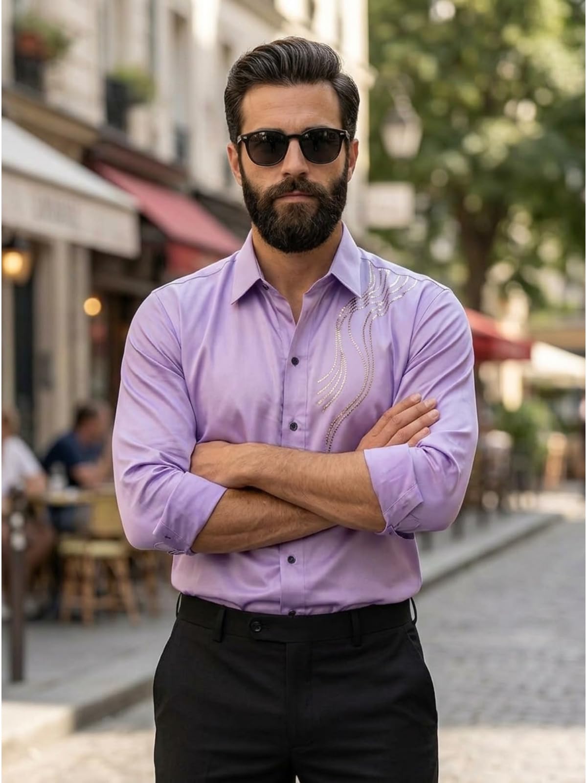 IndoPrimo Elegante camisa de satén para hombre, corte normal, estilo casual, estilo de diseñador, trabajo de piedra, fiesta, manga formal