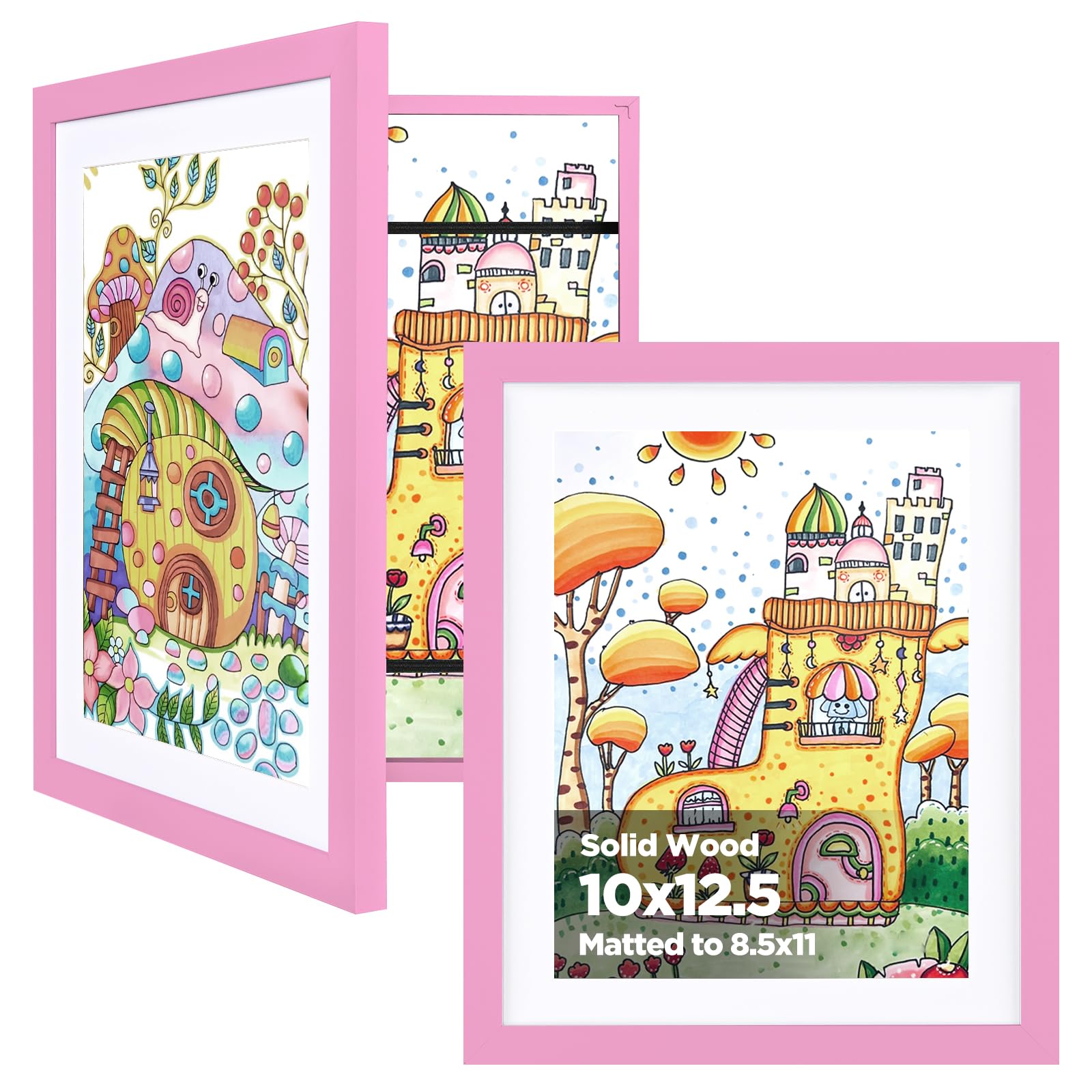 KINLINK 10x12.5 Kids Art Frame 2 Pack, Solid Wood Artwork Frames Changeable, Front Opening Hold 150 Pictures, Art Frames for Kids Artwork, 8.5x11 with Mat 10x12.5 without Mat, Picture Frames Light Pink