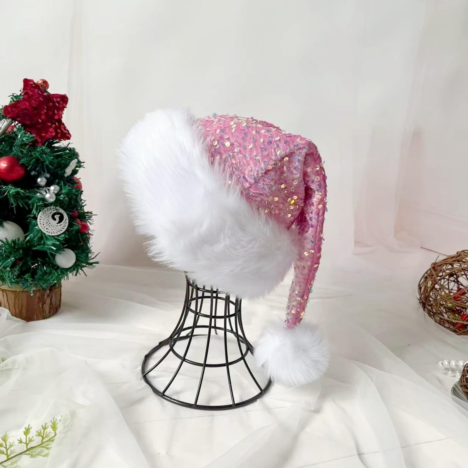 Pink Santa Hat Christmas Hats for Kids and Adults,Shiny Sequin Xmas Hat Unisex Classic Velvet Xmas Holiday Hat,Thicken Luxury Plush Santa Hats Santa Claus Hats for Christmas New Year Party Supplies - Image 3