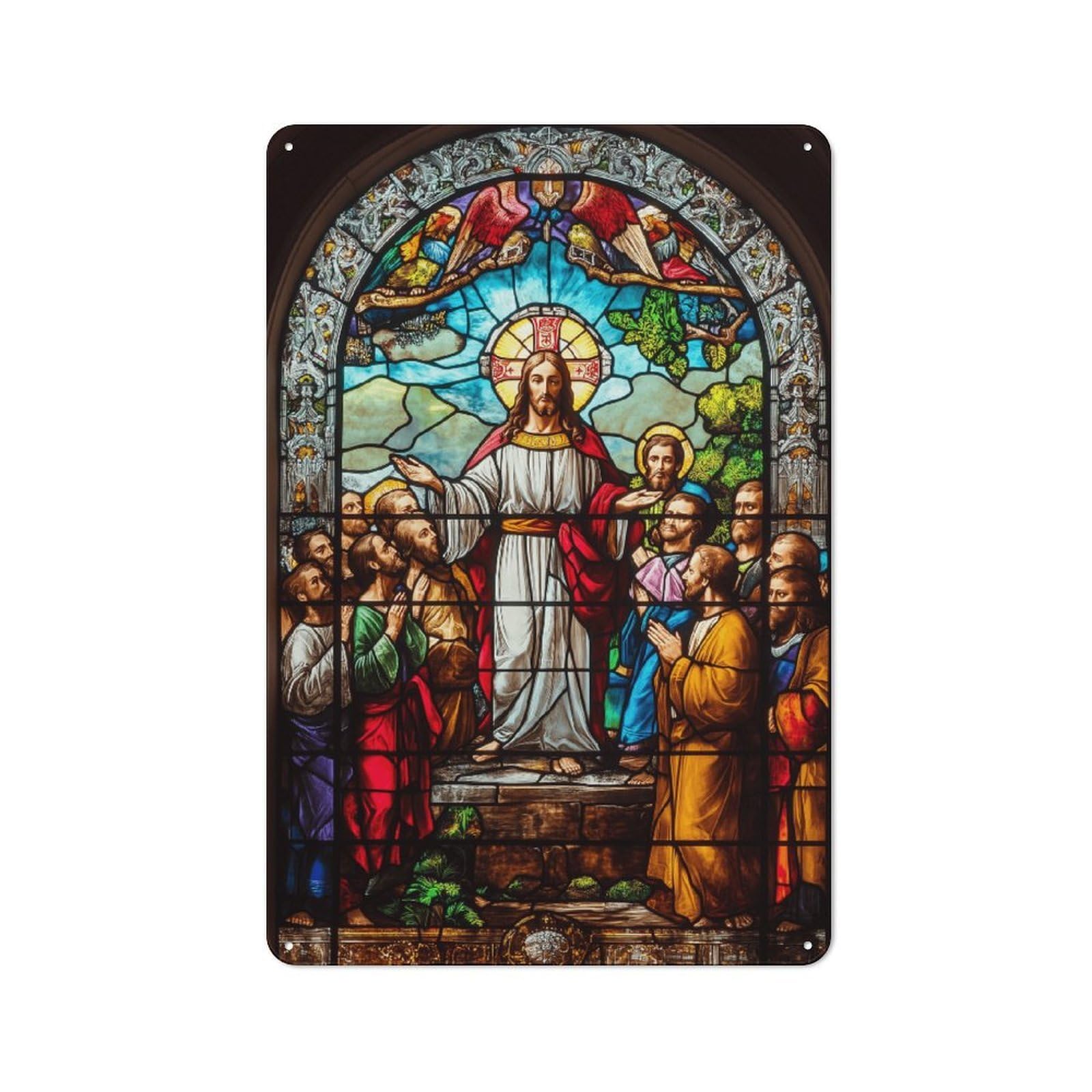 Junmoney Style-16 Stained Glass Window Jesus Printed Metal Sign 30X20cm For Hallway Wall, For Living Room And Hallway Decor, For Home Office And Studio Walls