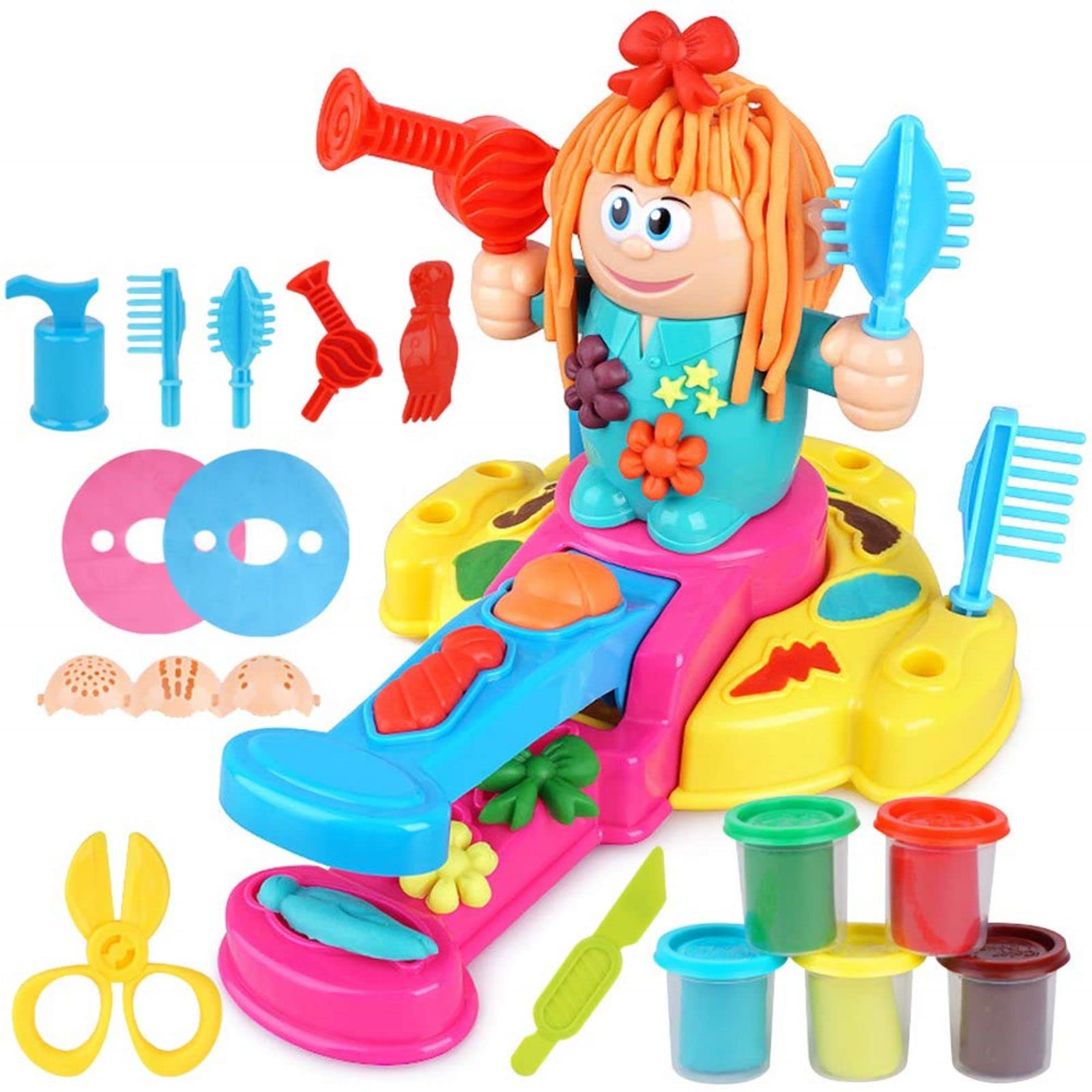 Arabest Playdough Barbershop, Crazy Cuts Dough Set Creativity DIY Hairdresser Haircut Hairstyle Pretend Play Toy Kit with Dough and Molds for Kids 20pcs