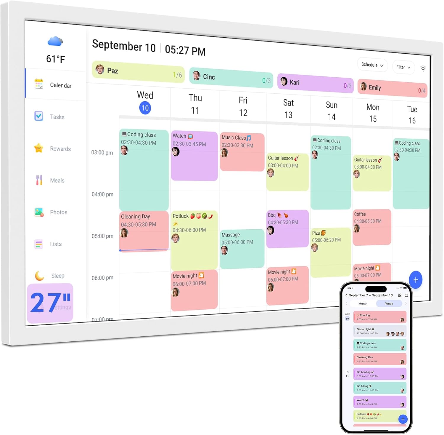 27 Inch Digital Calendar Max, Smart Chore Chart Electronic Weekly and Monthly Planner 1920 * 1080P IPS Display Wall Mount in Portrait or Landscape Schedules for Home and Office Gifts for Women