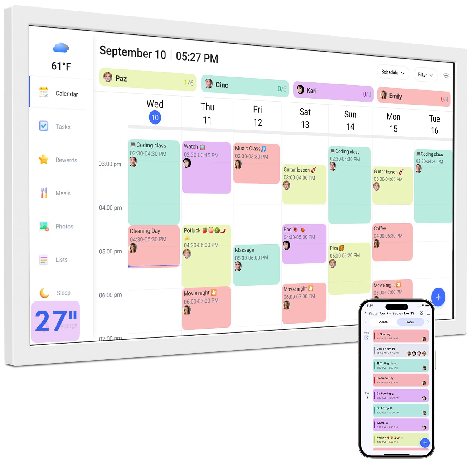 27 Inch Digital Calendar Max Smart Chore Chart Electronic Weekly and Monthly Planner 1920 1080P IPS Display Wall
